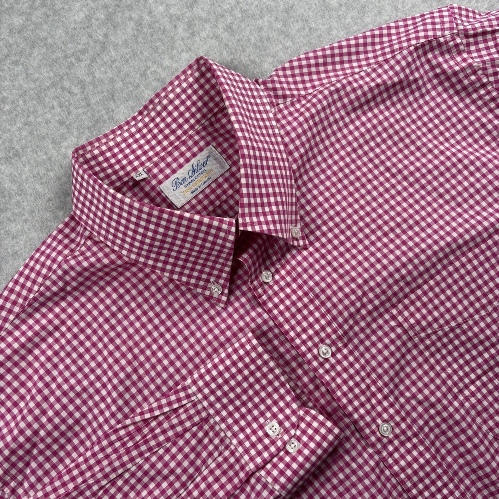 Ben Silver Charleston Mens XXL Pink White Gingham Button Down Shirt Long Sleeve